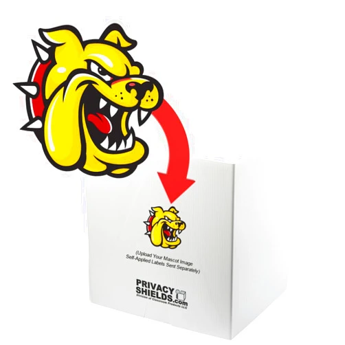 PrivacyShields.com Your Mascot on Premium™ Privacy Shields. Upload Your Image. Shields Ship First. 5” Stickers That You Apply Ship in 2 Weeks. 1 Per Shield. No Returns.