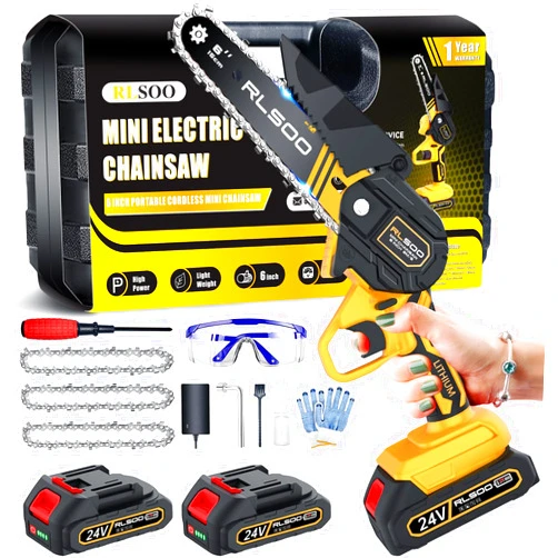 RLSOO Mini Chainsaw 6 Inch, RLSOO Upgraded Portable Electric Chainsaw Cordless, Handheld Small Chainsaw for Tree Trimming Wood Cutting, Courtyard and Garden (2 Batteries and 3 Chains Included)