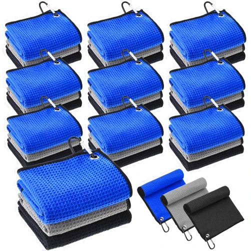 Batiyeer 30 Pcs Bulk Golf Towels for Golf Bags 16'' x 16'' Microfiber Fabric Golf Towel with Clip Waffle Pattern Golf Towel for Golf Bags Mini Golf Tournament Fitness Yoga Camping(Black, Blue, Gray)