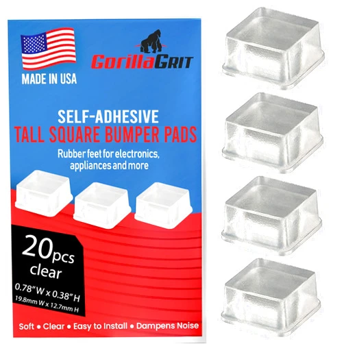 GorillaGrit Clear Tall Square Adhesive Rubber Bumper Pads - Rubber Feet for Speakers, Electronics, Furniture, Appliances, Audio Equipment - 20 Pieces