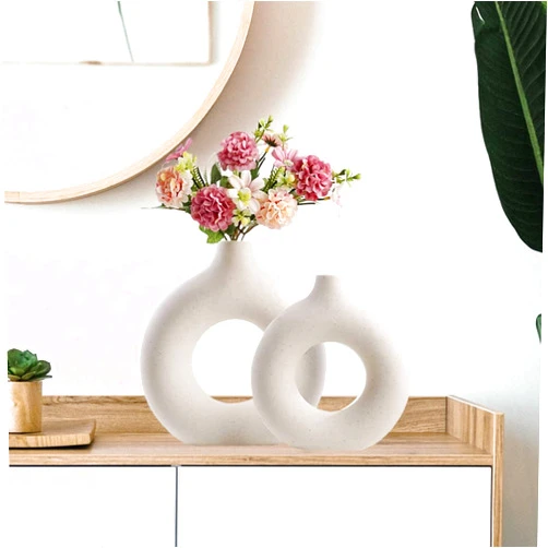 DeVine Art® Ceramic Vase for Modern Home Decor, White Donut Vases for Minimalist Decor, Hollow Round Matte Pampas Flower Vases for Boho Table Home Decor Showpiece Donut Vase 6 & 8 Inches (2pcs)