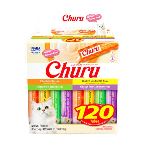 INABA Churu Cat Treats, Lickable, Squeezable Creamy Purée with Vitamin E, 0.5 Ounces per Tube, 120 Tubes Total, Chicken Variety
