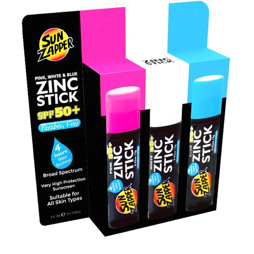 Sun Zapper Zinc Oxide Sun Block - Pink, White & Blue - SPF 50+ - Very High Sun Protection Waterproof Sunscreen/Sunblock for Face & Body Beach Shield. Adults, Kids, Baby & Travel Size Stick.
