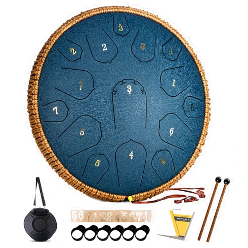 HOPWELL Steel Tongue Drum - 14 Inch 15 Note Tongue Drum - Hand Pan Drum with Music Book, Handpan Drum Mallets and Carry Bag, D Major (Navy Blue)
