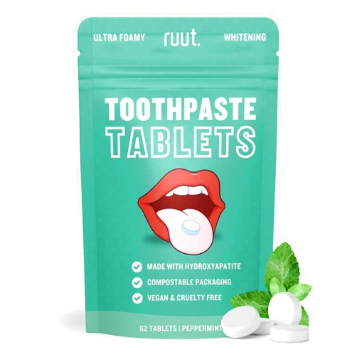 Ruut Goods Ruut Toothpaste Tablets, Hydroxyapatite Remineralizing Eco Friendly Toothpaste Tabs, Fluoride Free Travel Tooth Tabs for Sensitive Teeth, Chewable Toothpaste Bites, Peppermint - 1 Month
