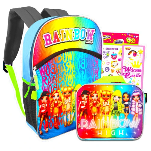 Rainbow Studios High School Backpack and Lunch Set - Bundle with Rainbow High 16 Inch Backpack and Lunch Bag Plus Shopkins Stickers and More (Girls School Supplies)