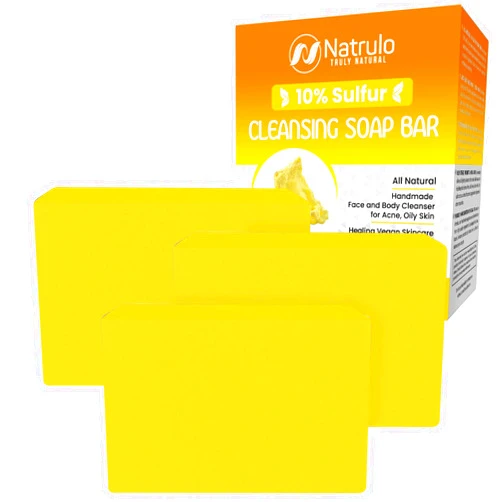 Natrulo 10% Sulfur Soap Cleansing Bar for Face & Body – All Natural Sulfur Facial Cleanser for Acne, Oily Skin – Skincare Blend of Lemongrass, Tea Tree Essential Oil, Vitamin E, Coconut Milk – Sulfur Soap Bar