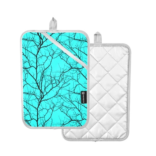 Fustylead Turquoise Colored Black Tree Branches Pot Holders Heat Resistant Pot Holders 7”x9.8” Pots Holder Washable Potholers Set for Kitchen Craft Oven Hot Pods Home Cooking Baking Microwave, 2 Pieces