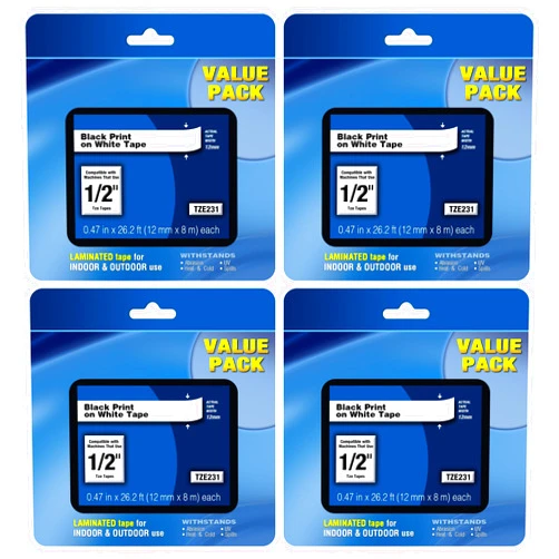 Kappiek TZE-231 Label Maker Compatible for Brother P-Touch Tze-231 Label Tape Laminated Black on White Work with Brother PT-D210 H110 D220 D410 D600 (12mm 0.47 Inch, 4 Pack)