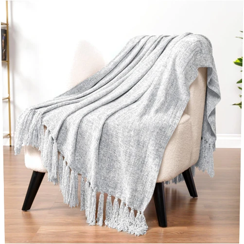 PAVILIA Light Gray Throw Blanket for Couch, Chenille Blanket for Sofa Bed, Soft Knit Woven Gray Blanket with Tassel, Decorative Blanket for Chair Living Room, Light Grey 50x60
