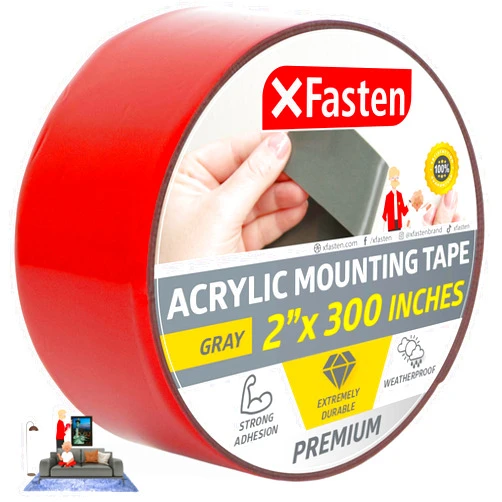 XFasten Extreme Double-Sided Acrylic Mounting Tape Removable, Gray, 2-inch x 300-Inch, Waterproof Indoor and Exterior Double Sides Brick Mounting Tape