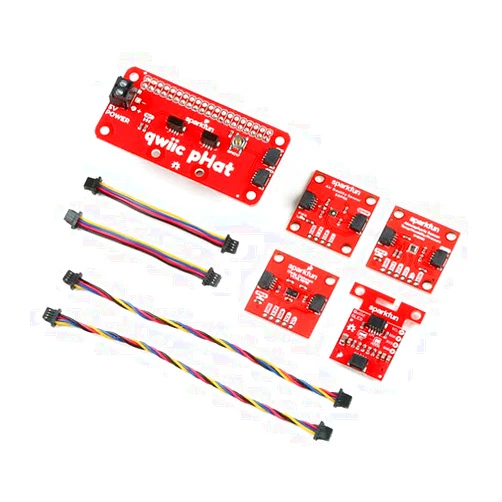 SparkFun Qwiic Starter Kit SparkFun VCNL4040 Proximity Sensor Breakout, SparkFun Micro OLED Breakout, SparkFun BME280 Atmospheric Sensor Breakout, and SparkFun SGP40 Air Quality Sensor.