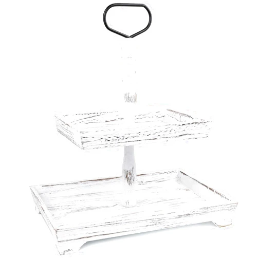 Hrastany Wooden 2 Tiered Decorative Tray, Rectangular Farmhouse Table Decor Serving Tray for Home Kitchen Party Seasonal Holiday Decorations, Rustic Wood Dessert Cupcake Display Stand, Whitewashed