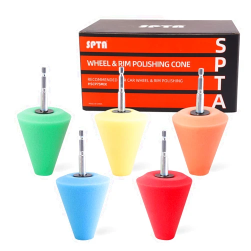 SPTA Polishing Cone, SPTA Car Wheel Hub Drill Buffing Sponge Pads Kit, Polishing Ball, 5 Pack Car Buffers and Polishers Kit for Drill, Attaches to Standard Household Drill