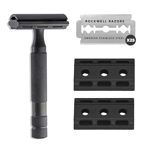 Rockwell Razors 6S Black Stainless Steel Double-Edge Safety Razor for Men and Women with 6 Adjustable Shave Settings and 25 Fully Recyclable Eco Razor Blades