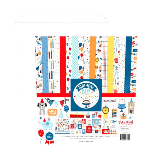 Echo Park Paper Collection Bundle: Birthday Boy 12 x 12 Collection Kit + Clear Storage Pocket for Paper