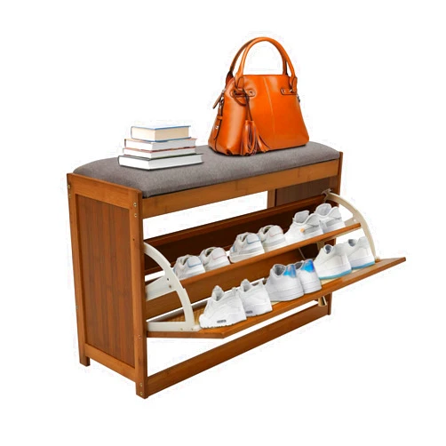 HaoYunNe 2-Tier Bamboo Shoe Bench Shoe Rack Stool with Cushion and Flip Door Shoe Organizer for Entryway Hallway Bedroom Living Room, 220 lbs Load-Bearing,27.5x9.4x17.3in (Dark Brown)