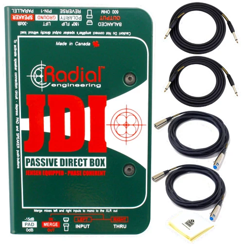 Radial Engineering Radial JDI World's Finest Premium Passive DI 1-channel Passive Direct Box with Jensen Transformer and Rugged I-Beam Construction BUNDLE 2 x Senor Instrument Cable 2 x Microphone Cable and Zorro Cloth