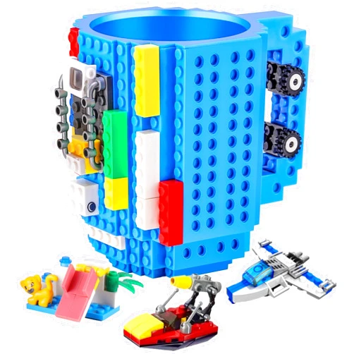 DEEXITO Build on Brick Coffee Mugs,Creative DIY Kids Party Cups with Building Blocks,Fun Novelty Gifts for Kids Childhood Adults Office Birthday Xmas,Blue