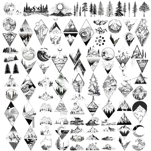 GOROMON 52 Sheets Small Black Mountain Temporary Tattoos For Men Women Adult, Geometric Sea Weave Forest Pine Tree Realistic Tattoo Sticker For Kids Children, Moon Sun Star Triangle Tatoos Outer Space