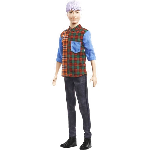 Barbie Ken Fashionistas Doll #154 with Sculpted Purple Hair Wearing a Color-Blocked Plaid Shirt, Black Denim Pants & Boots, Toy for Kids 3 to 8 Years Old