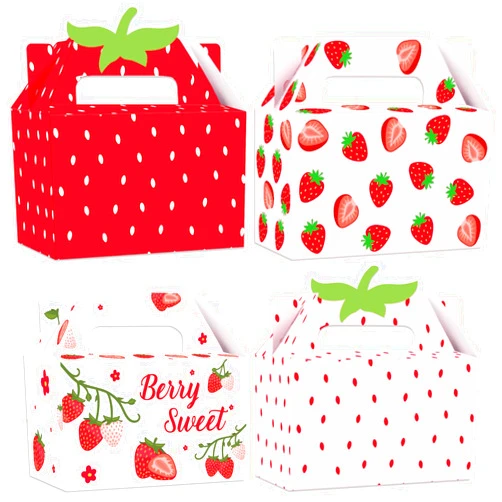 GRADESIN Strawberry Box for Party Favors, 24 Pcs Strawberry Gift Candy Treat Boxes Bags for Berry First Birthday Baby Shower Party Decor Supplies, 6.3 x 3.2 x 3.9 Inch