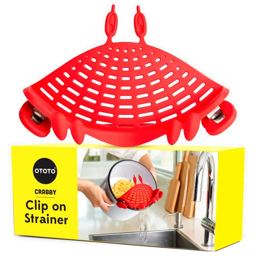 OTOTO NEW Crabby Clip-On Strainer by OTOTO - Silicone and Stainless Steel Pasta Strainer, Funny Gifts, Cute Kitchen Accessories, Red Crab, Cool Kitchen Gadgets