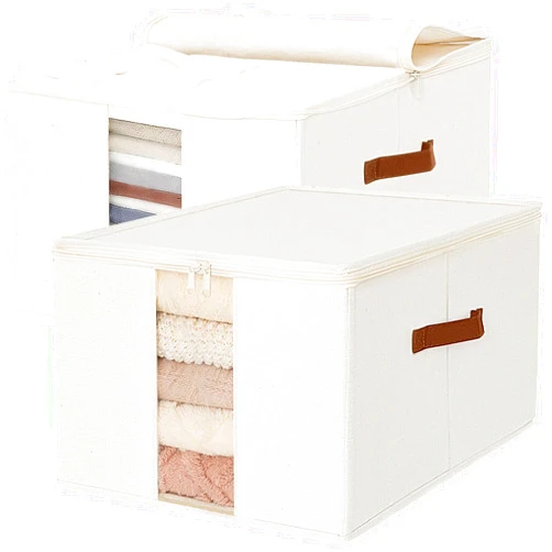 LoforHoney Home Large Storage Bins with Lids, Collapsible Storage Bins with Clear Windows, Blanket Storage Baskets with Zip Lids, Closet Storage Bins for Clothes, Beige, 2-Pack, 17.7x13.8x9.8