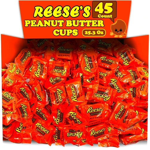 Partypom Reese Milk Chocolate Peanut Butter Cups, 45 Cnt, Milk Chocolate Peanut Butter Cups Snack Size, Individually Wrapped Gluten Free Kosher Candy, Bulk Chocolate Candy Party Pack