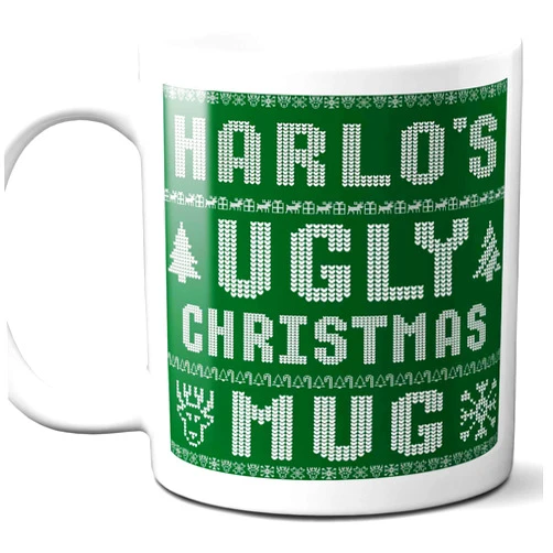 Westwood Tees Harlo Name Christmas Gift. Personalized Ugly Christmas Sweater Coffee Mug. Funny Custom Xmas Gift, Stocking Stuffer For Friends, Coworkers And Person Who Has Everything. 11 Ounces.