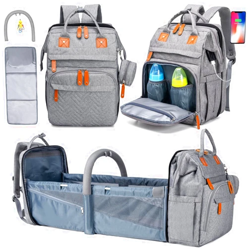 KABAQOO Diaper Bag Backpack, Large Baby Diaper Bags for Boys Girls, Baby Bag with USB Charging Port, Multifunction Waterproof Travel Back Pack for Moms Dads, Grey