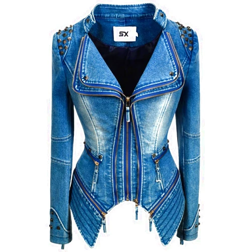 FYL FUYUAN Women's Classic Denim Jacket Personality Studded Punk Motorcycle Dovetail Jacket