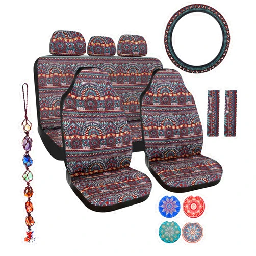 Frienda Baja Car Seat Covers Full Set Multicolor Stripe Car Seat Covers Boho Print Steering Wheel Cover Seat Belt Cover Crystal Hanging Ornament Car Holders Fits for Car(Boho Style)