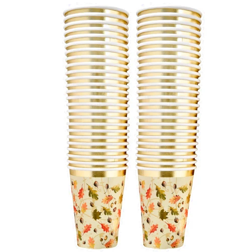 Gift Boutique 50 Thanksgiving Party Cups 9 oz. Disposable Paper Cup in Elegant Autumn Leaves Design with Gold Foil for Fall Dinner Event Decorations