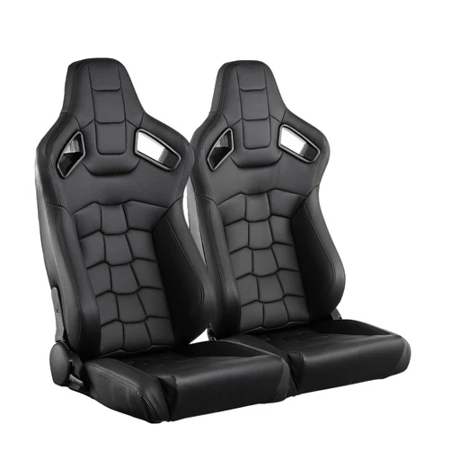 WTRAVEL Racing Seats 2 Pcs Reclinable Bucket Seats with 2 Sliders Adjustable PU Leather Seats Universal Sport Seats for Cars (Black, 37.0