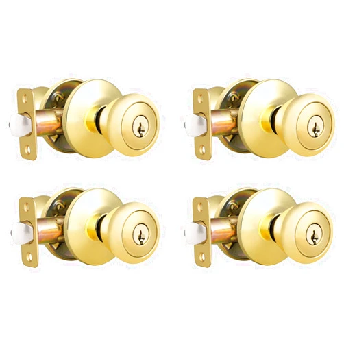 Brotima 4 Pack Keyed Entry Door Knob, Exterior/Interior Tulip Style Knobs with Lock and Same Key, Polished Brass Reversible Lockset for Bedroom, Bathroom, Front Door