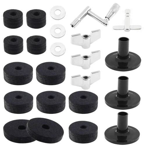 Biaungdo 23 Pcs Cymbal Replacement Accessories Set - Felts, Hi-hat Felt, Cup, Stand Sleeve, Washer, Base, Wing Nuts, and Drum Key for Drum Set (Black)