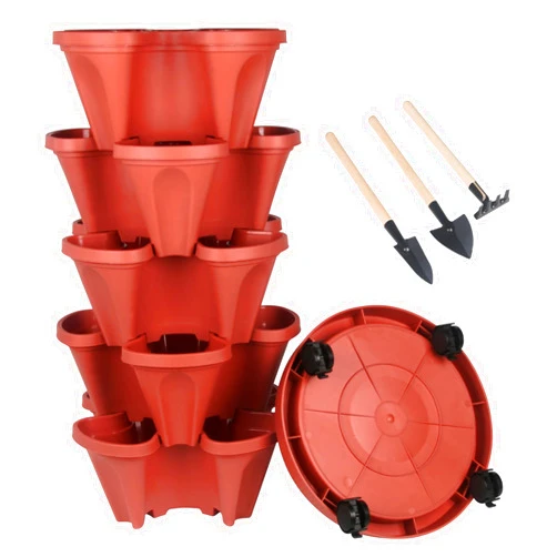 DUNCHATY Stackable Planters 5 Tier Vertical Garden Planting Tower Planters Strawberry, Herb, Flower, and Vegetable Planter Indoor Outdoor Gardening Pots with Removable Wheels and Tools