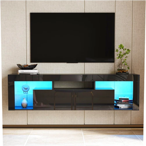 DMAITH Floating TV Stand with LED Lights for 55/60/65/70 Inch TV, Wall Mounted Entertainment Center Media Console, White TV Console with Drawers and Open Shelfves for Living Room, Bedroomm, Black