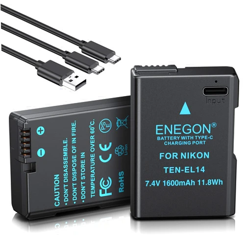 ENEGON EN-EL14 USB C Direct Charging Replacement Batteries 1600mAh (2-Pack) with 2 in 1 USB-C Charging Cable for Nikon D5600, D5100, D5200, D5300, D5500, D3200, D3400, D3500, Coolpix P7100, P7200