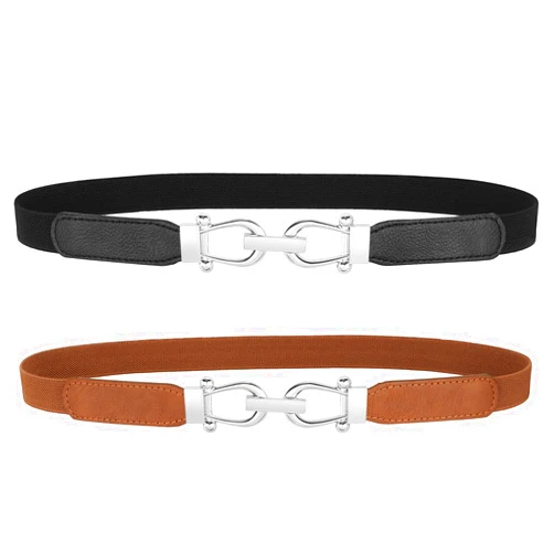 JASGOOD Women Skinny Elastic Belt for Dresses,Thin Retro Stretch Waist Belt with Golden Buckle