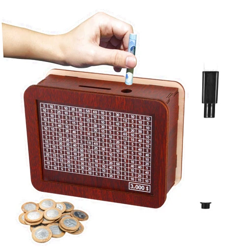 S SUNSBELL Piggy Bank for Kids, Wooden Piggy Bank Coin Bank with Counting Target, Safe Coin Saving Banks Cash Piggy Banks for Home, Gifts for Boys Kids' Money Piggy Banks - Dark Brown (3000 $)