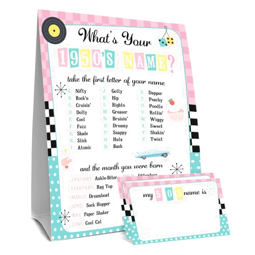 MJSXY What's Your 1950's Name Game, 1 Double Sided Sign & 30 Sticker Cards, Retro Birthday Party Games for Kids & Adults, Perfect for 50's Sock Hop Themed Party Decorations,5x7 Inch