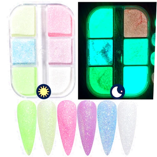 TBRZTR Luminous Nail Powder Night Fluorescent Pigment Holographic Glitter Glow Liquid Nail Art Dust Design Sparkle Nails Supplies 3D Nail Art Decoration for Women Girls Manicure Tips Charms (6 Colors)