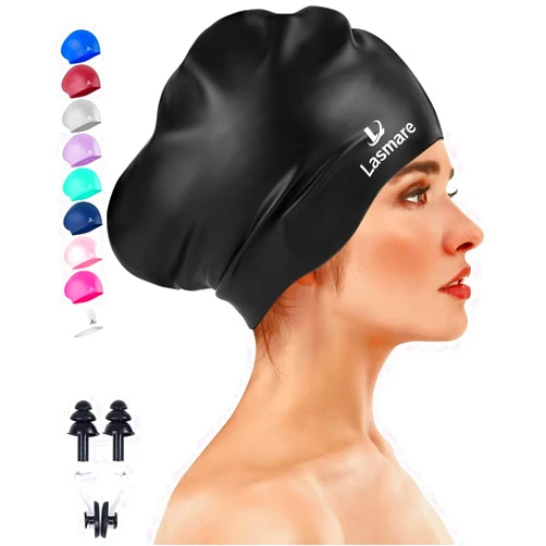 Lasmare Large Long Hair Swim Cap with Extra Room for Women Men, Silicone Swimming Cap for Long Thick Hair with Ear Plugs Nose Clip Set, Adult Waterproof Swim Hats Bathing Caps to Keep Hair Dry