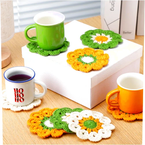SmoothNovelty 12 Pcs Crochet Coaster Handmade Flower Knitted Cup Mats Tea Coaster Tea Party Supplies Funny Cute Woven Pot Coasters Small Doilies Cloth Crochet DIY Gift for Easter Spring Table Decor
