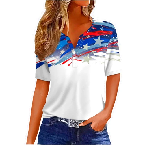 Amober American Flag Shirt Tops Women 4th of July T-Shirts Trendy Button Star Stripes USA Short Sleeve V-Neck Patriotic Tees