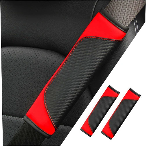Couslcd 2PCS Car Seat Belt Cover pad, Carbon Fiber Safety Seatbelt Shoulder Strap Covers, Breathable Leather Soft Harness Pad Protect Your Neck and Shoulder (2, Black/Red)