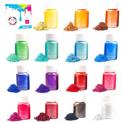 SEISSO 15 Bottles Slime Pigment, Mica Powder for Soap Making, Resin Color Pigments, Mica Powder for Candle Making, Epoxy Resin, Lip Gloss, Natural Powder Pigment for Slime