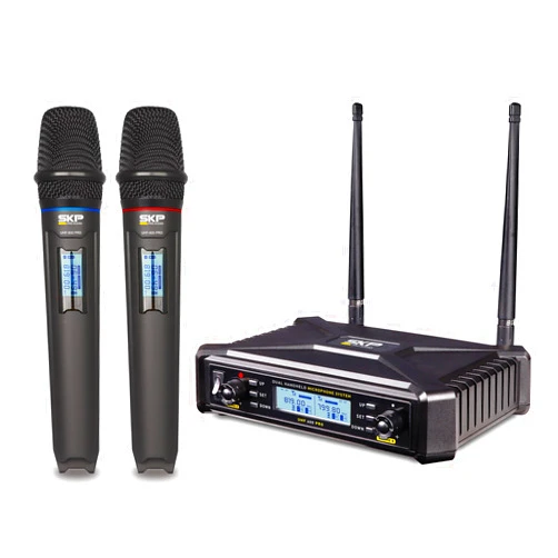 SKP Pro Audio SKP UHF-600 PRO Dual Wireless Microphone System – Auto-Scan, 300ft Range, Dual LCD Control for Battery, Complete Kit with 2 Wireless Microphones for Karaoke, DJs, Weddings, Church & Classroom